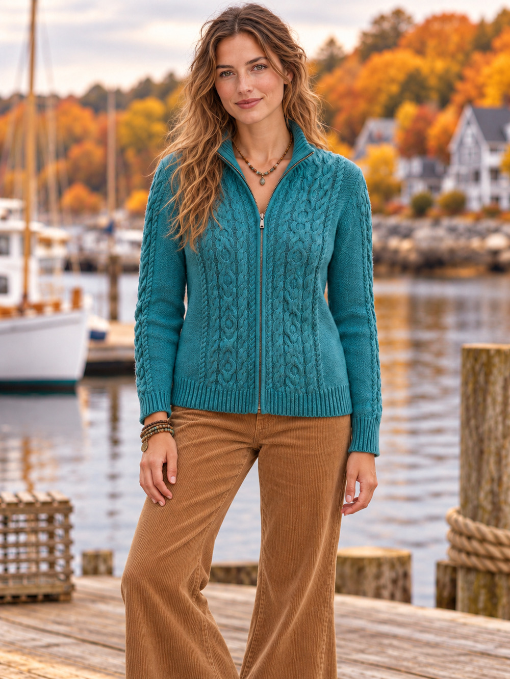 L.L.Bean Women’s Cable Knit Full Zip Cardigan Sweater Teal Medium Cotton